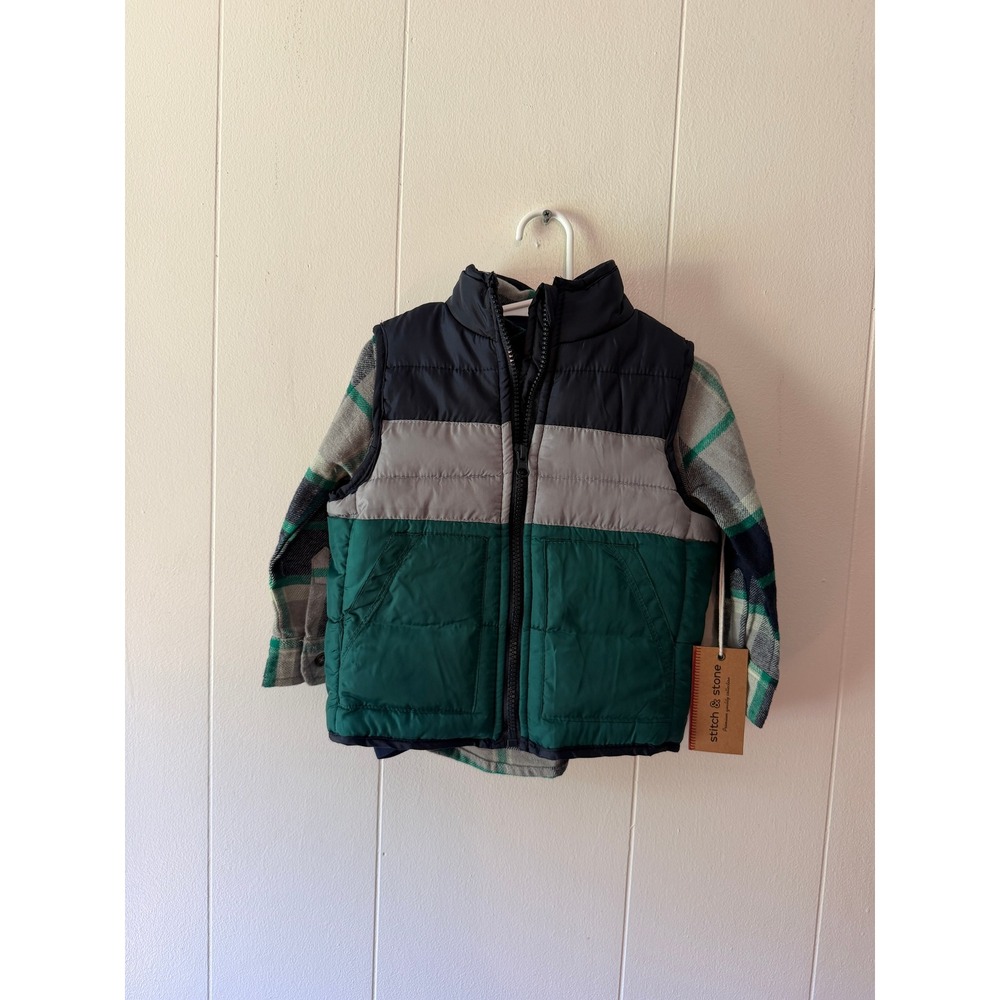 Stitch & Stone Toddler Boys 2T Puffer Vest and Plaid Flannel Shirt Set NWT